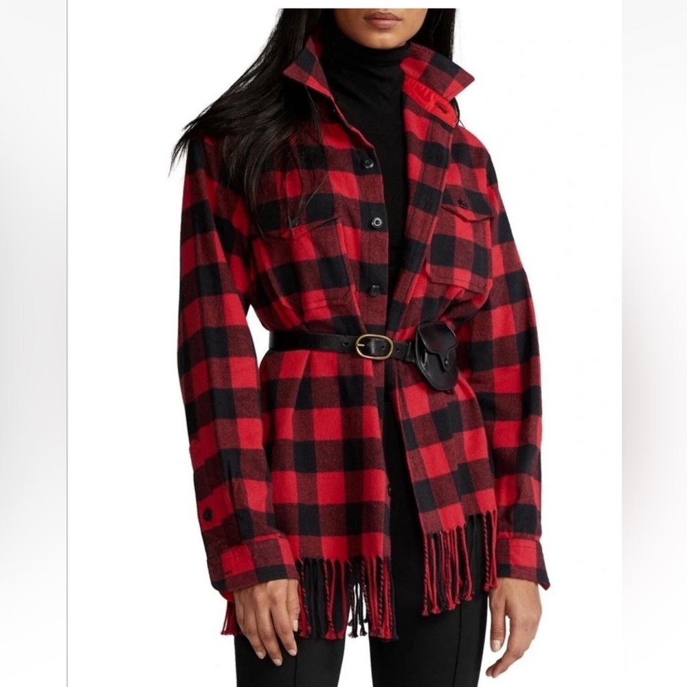 Polo Ralph Lauren Fringe Bottom Plaid Shirt Top  Red/Black Button Front Small